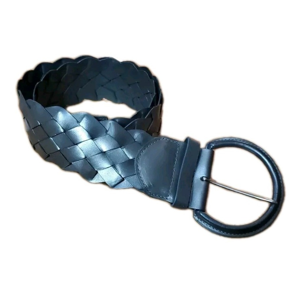 New York & Co Woven Leather Braided Wide Belt Size L/XL Metallic Gray Y2K‎